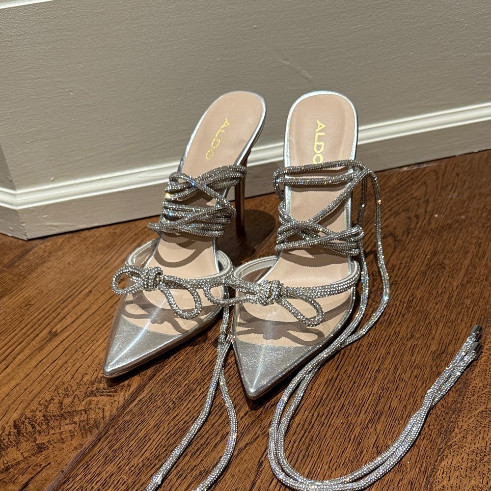 Aldo Silver Strappy Kitten Heels
